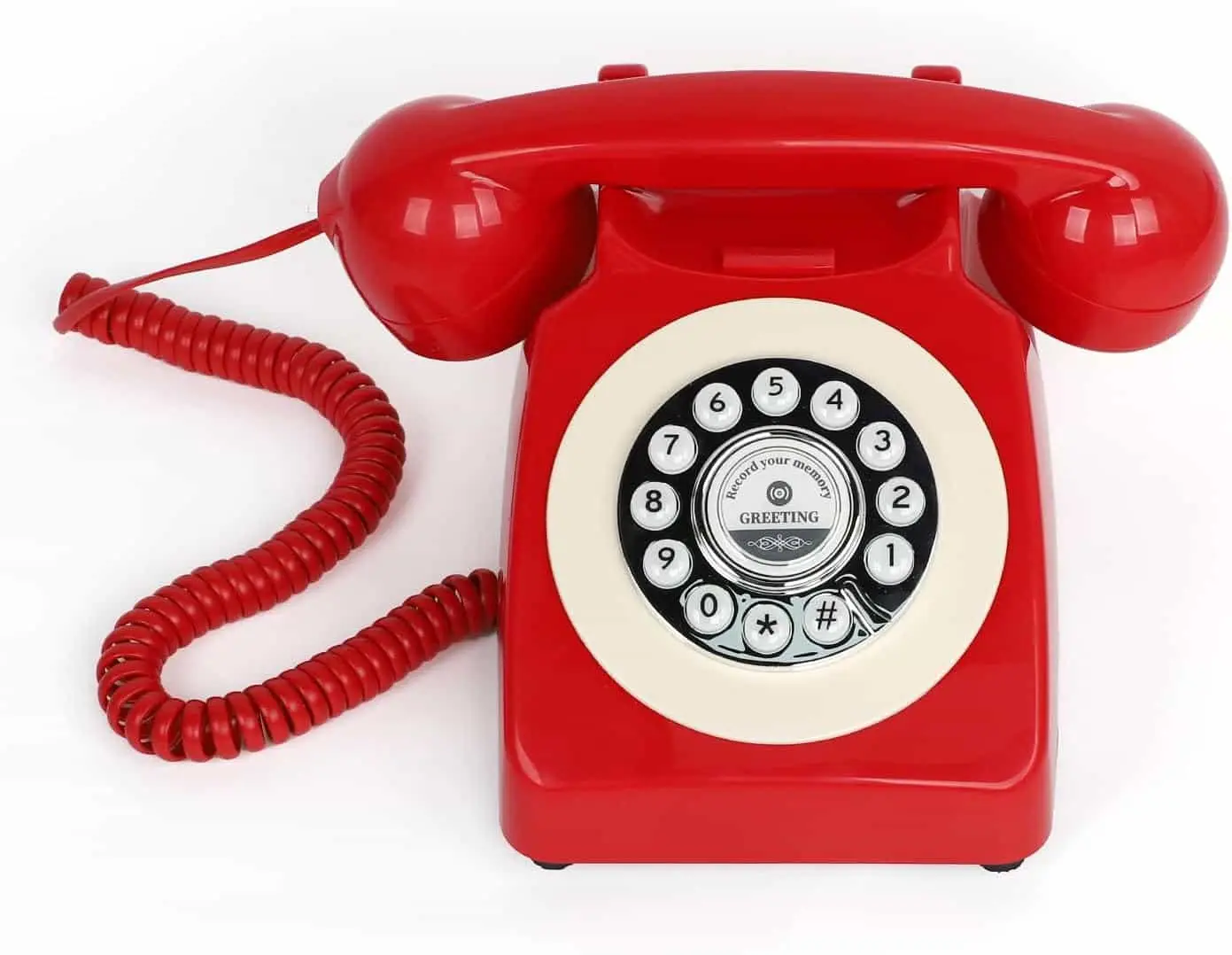 Red Classic50 Red retro telephone with a coiled cord, side view, on a white background