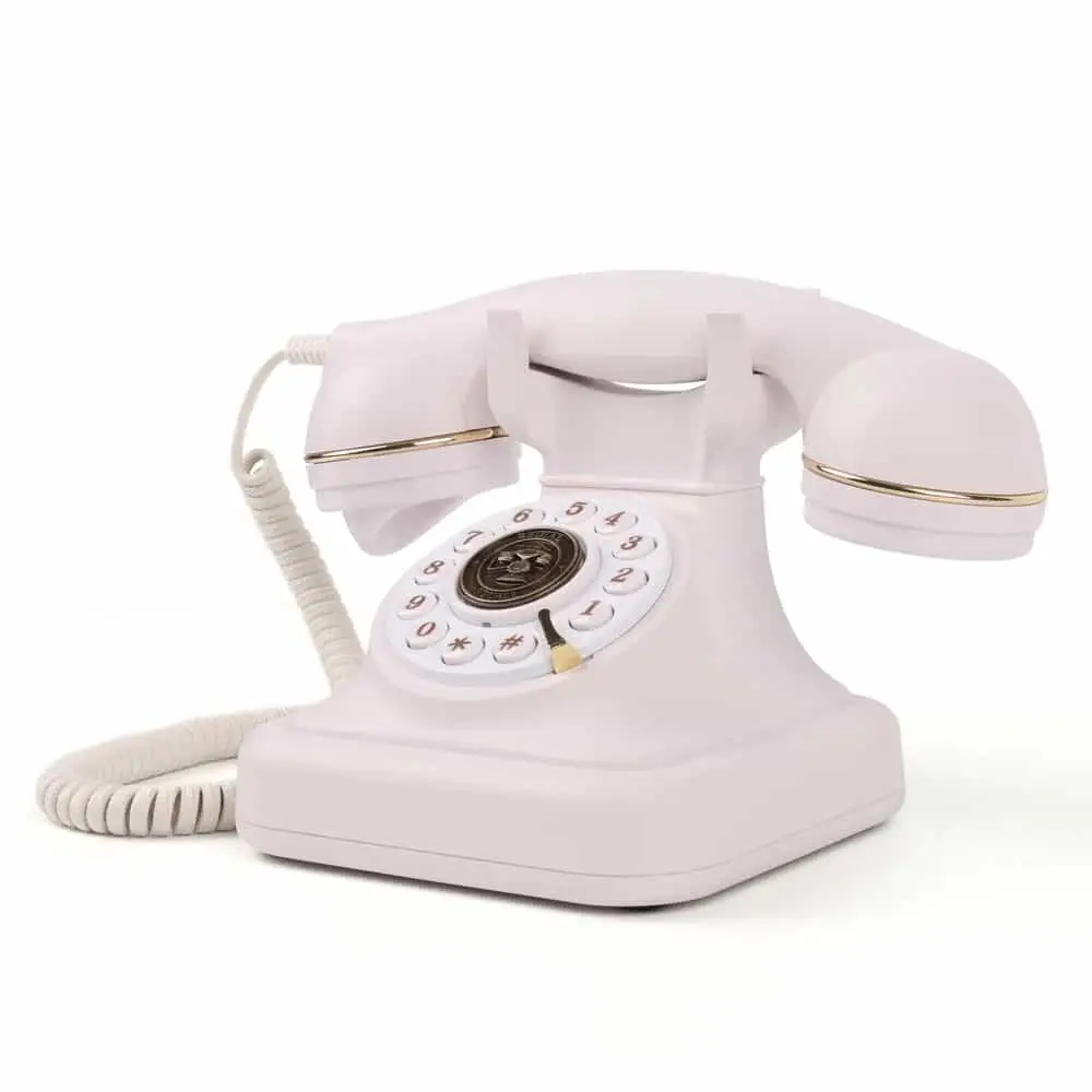 Белый ретро телефон Elegance70 White, вид сбоку, на белом фоне